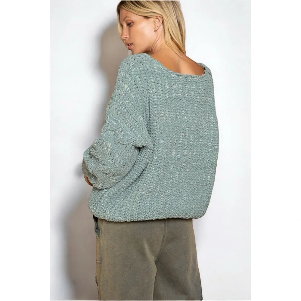 POL Olive Color Blend Chunky Knit V Neck Chenille Sweater Cable Knit Sleeves - Picture 6 of 7